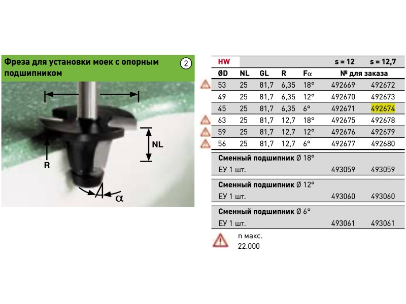 Фреза для установки моек с опорным подшипником Festool HW D 45 / NL 25 / GL 81,7 / R 6,35