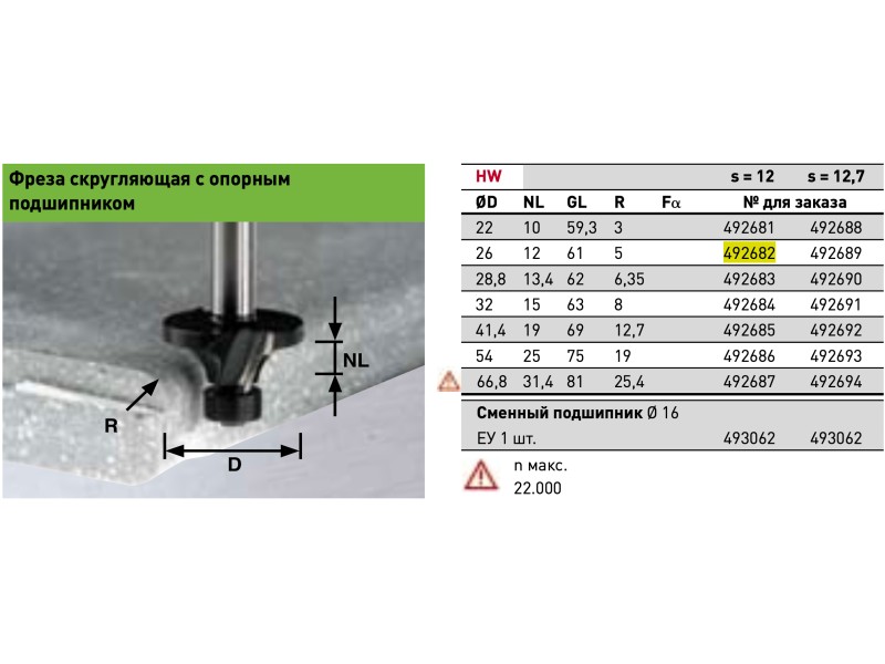 Фреза скругляющая с опорн. подшипником Festool HW R5/D26 ss S12