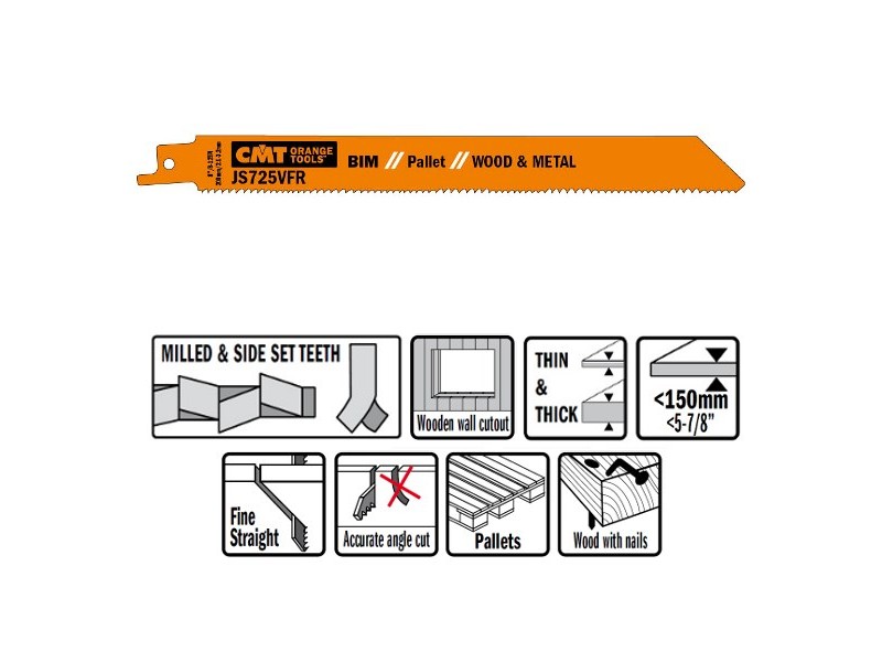 Пилки сабельные 5 штук для дерева и металла BIM 200x2,1-3,2x8-12TPI CMT JS725VFR-5