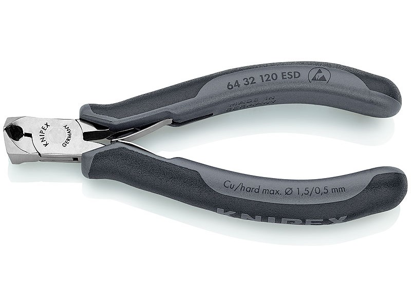Кусачки торцевые для электроники ESD, маленькая фаска, губки 15°, 120 мм, 2-комп антистатические ручки Knipex KN-6432120ESD