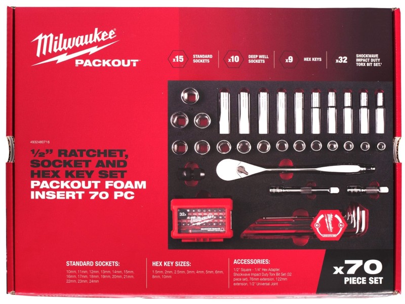 Набор торцевых головок 1/2 с трещоткой и шестигранных ключей Milwaukee для PACKOUT (70 шт)