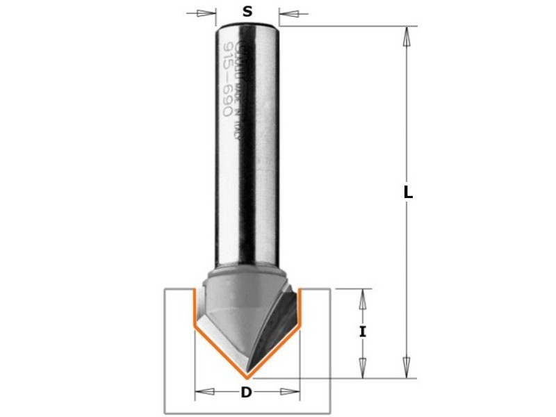 Фреза концевая CMT V-образная D=9,5 I=12,7 S=8,0 L=45,0 CMT 915.0913