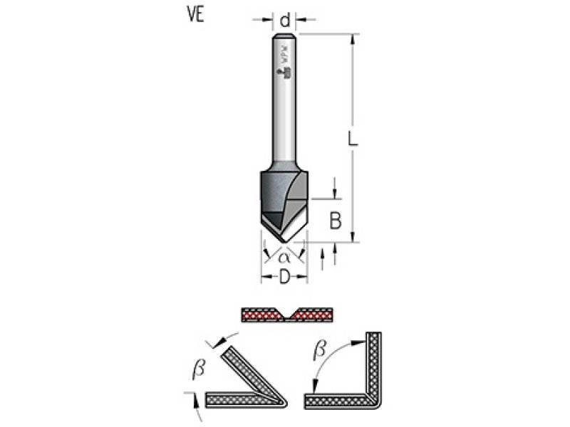 Фреза паз V 135 гр. для гибки Alucobond D19 B9.5 хвостовик 12 WPW VE13512